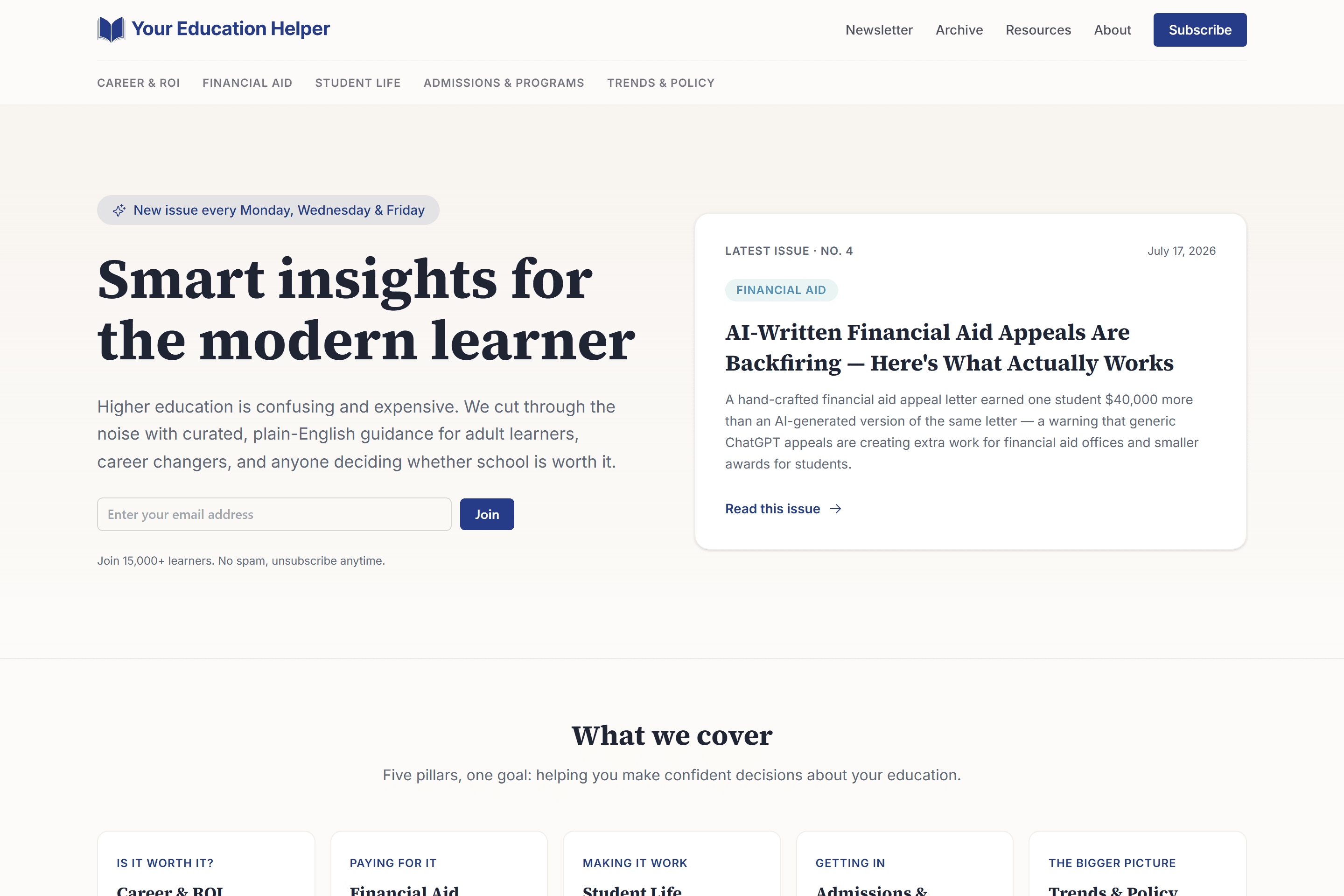 Your Education Helper home page.