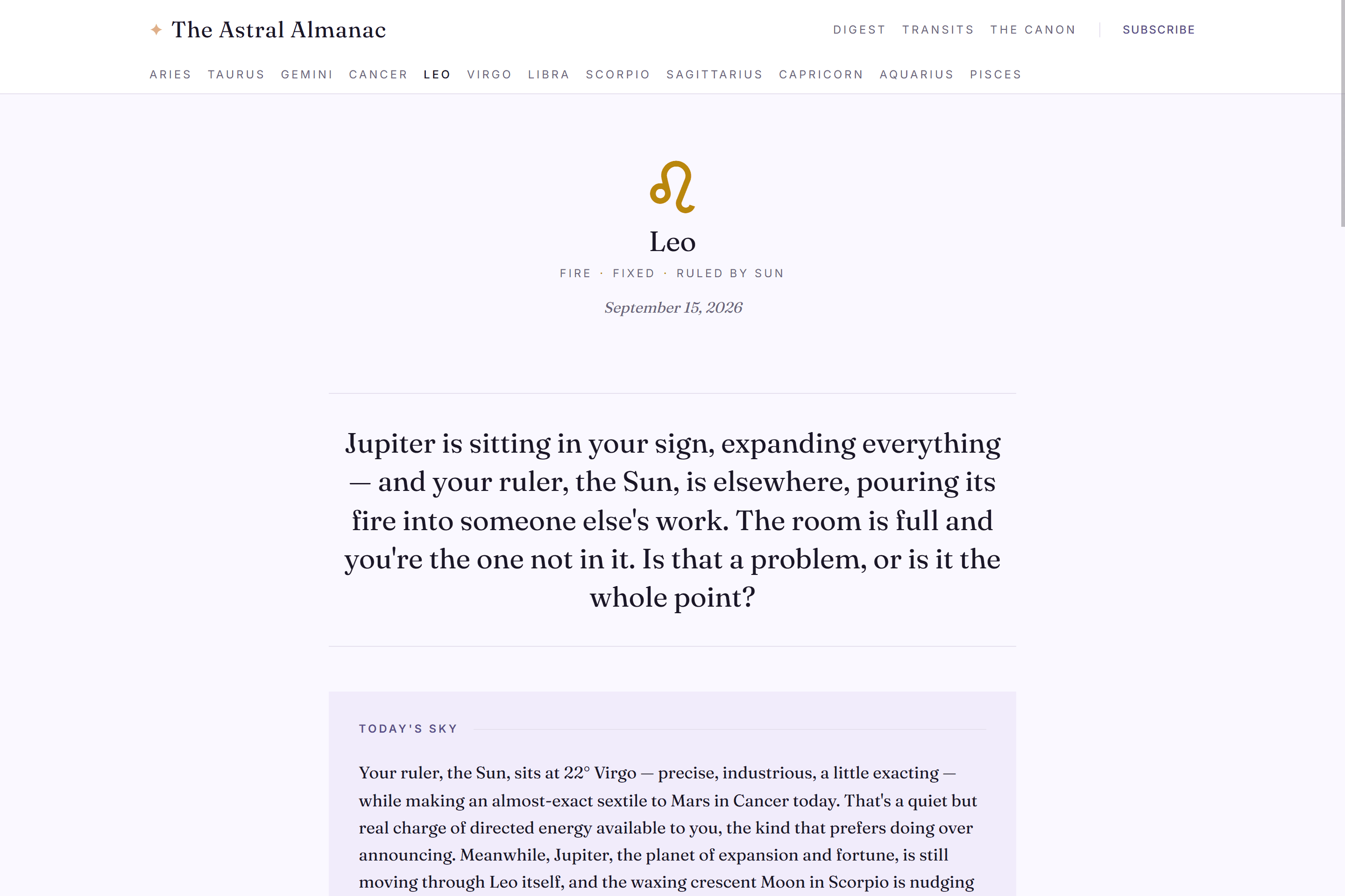 Astral Almanac sign page.