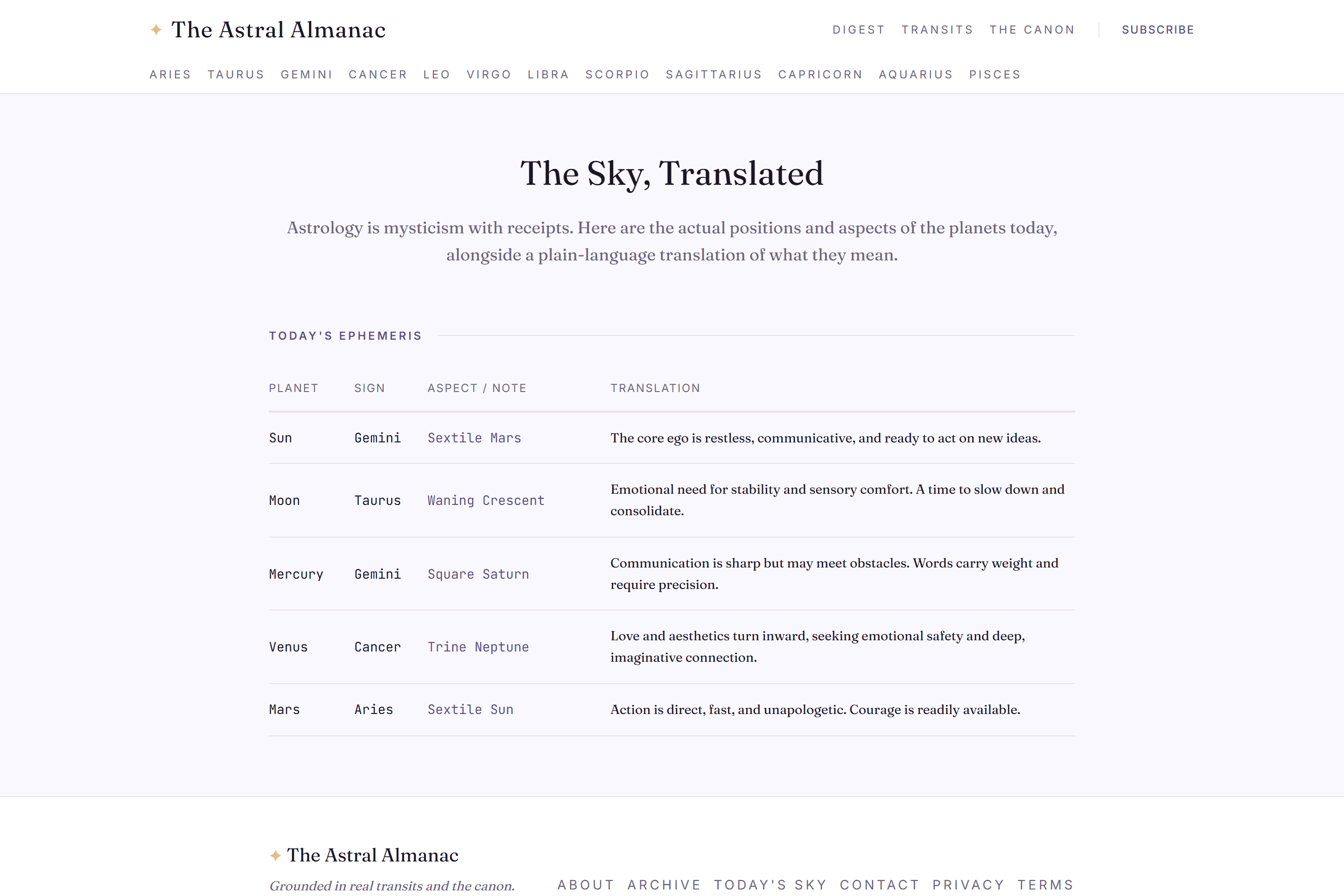Astral Almanac sky page.