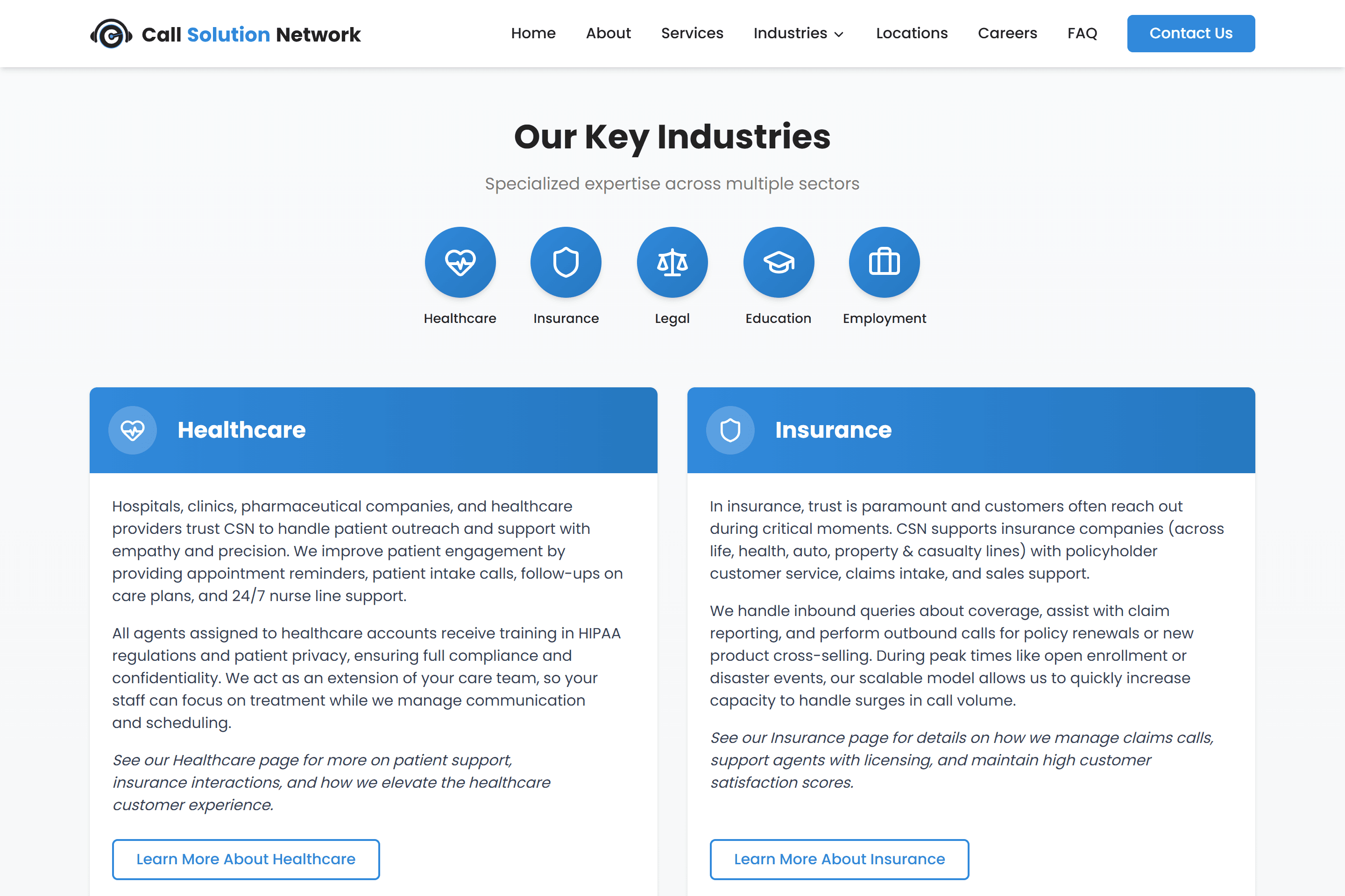 Call Solution Network industries page.