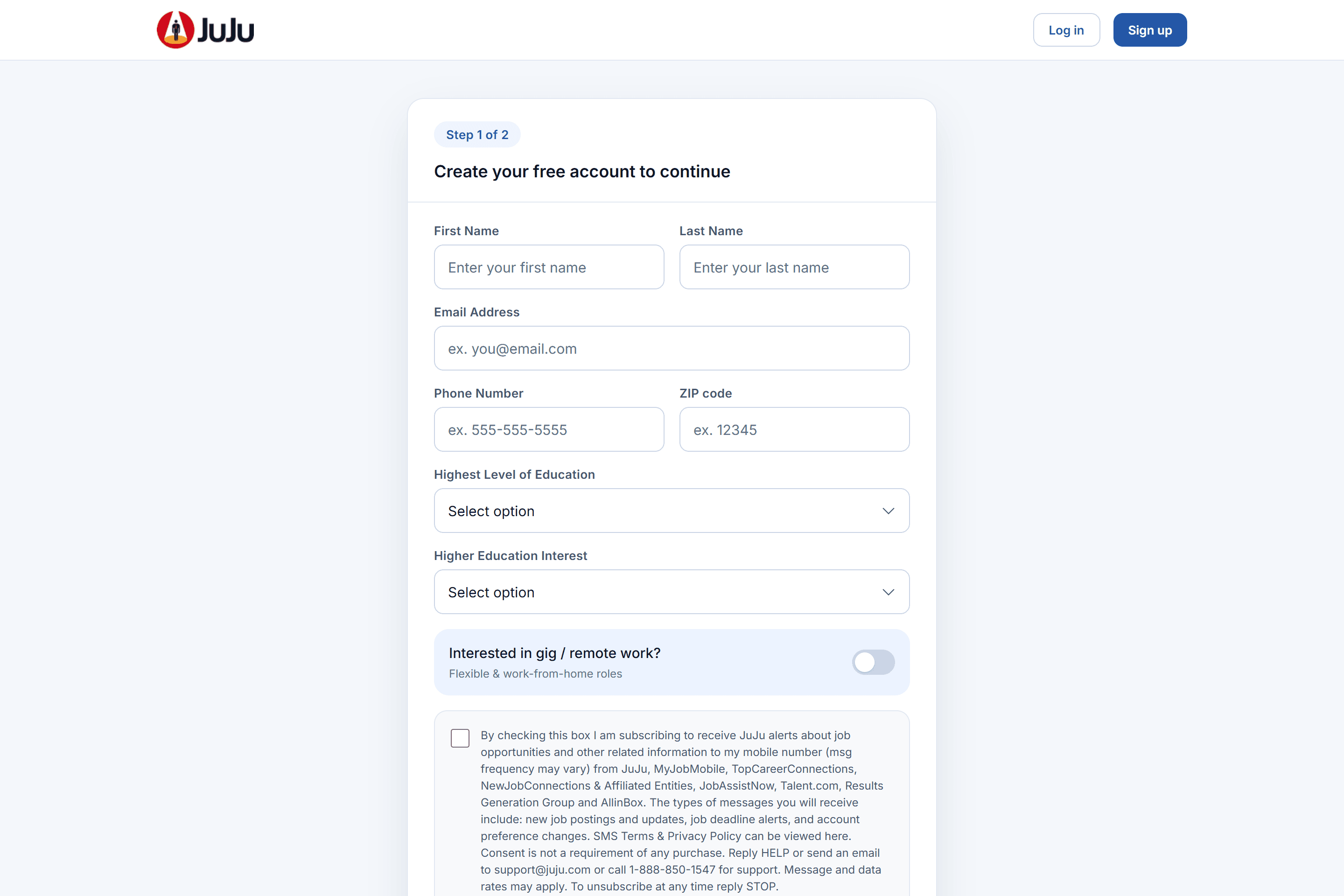 Juju signup page.